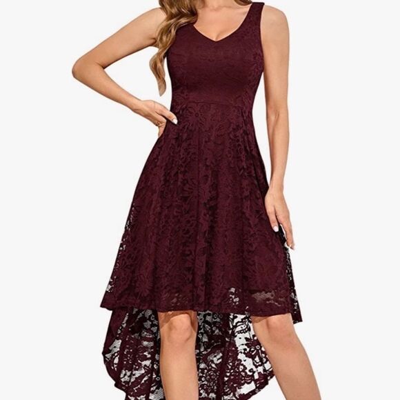 Muadress burgundy high low lace Dress Size Large - Picture 1 of 14